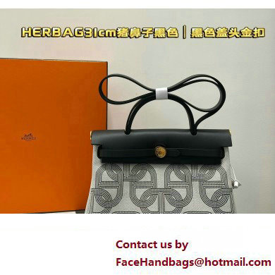 Hermes Herbag Zip 31 bag Black with Gold Hardware in H Plume canvas with Circuit 24 motif (Full Handmade)